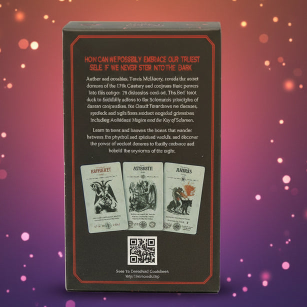 Back of a card game box with text and images of cards on a white background