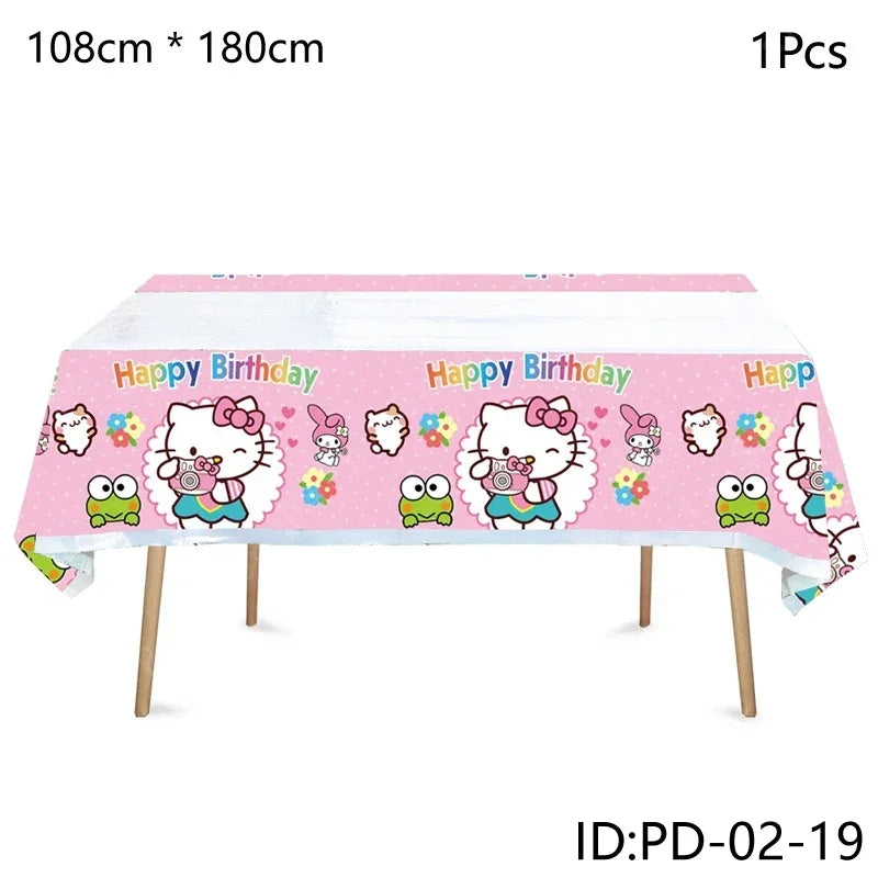 Hello Kitty-themed table cover on a table with dimensions and product ID displayed.
