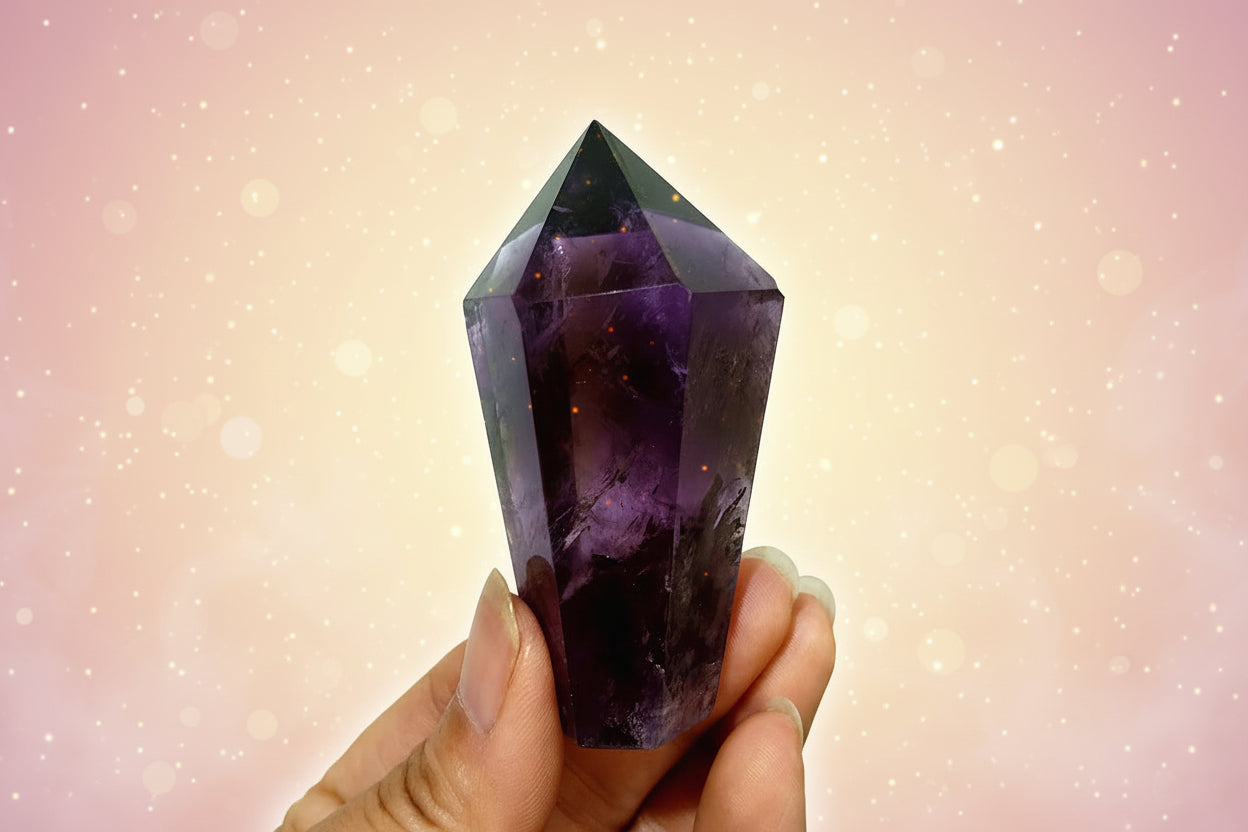 Hand holding a purple crystal against a white background