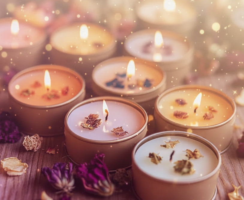 Small candles with floral elements on a wooden surface