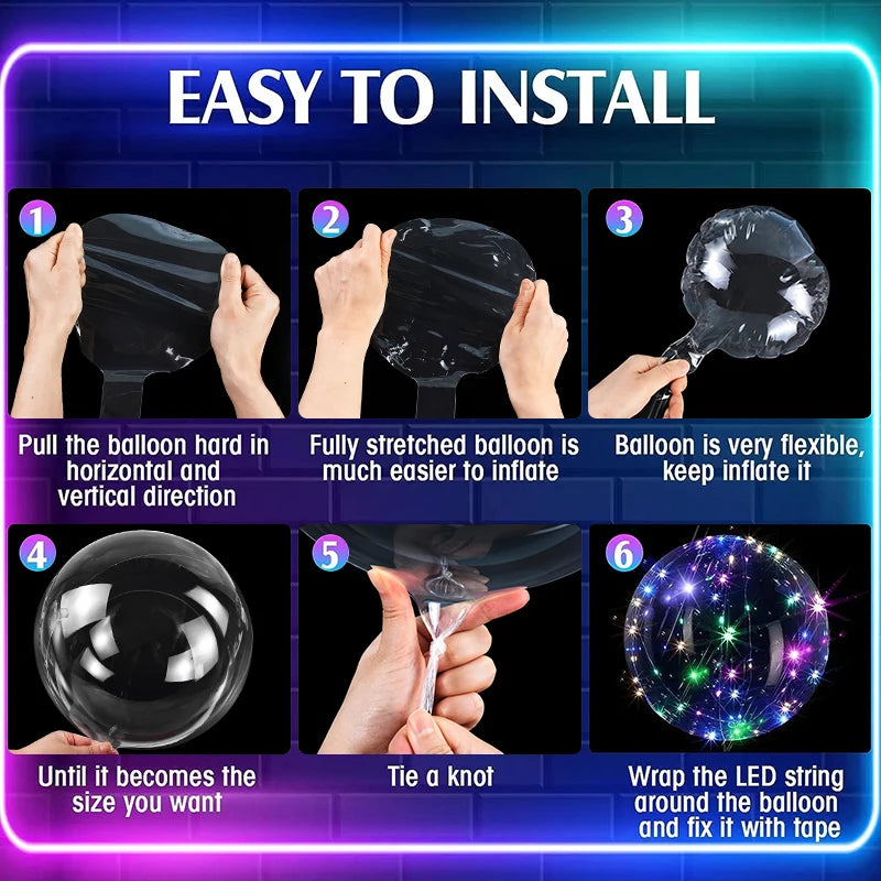 Step-by-step guide on how to inflate and use a LED balloon with text 'Easy to Install'.