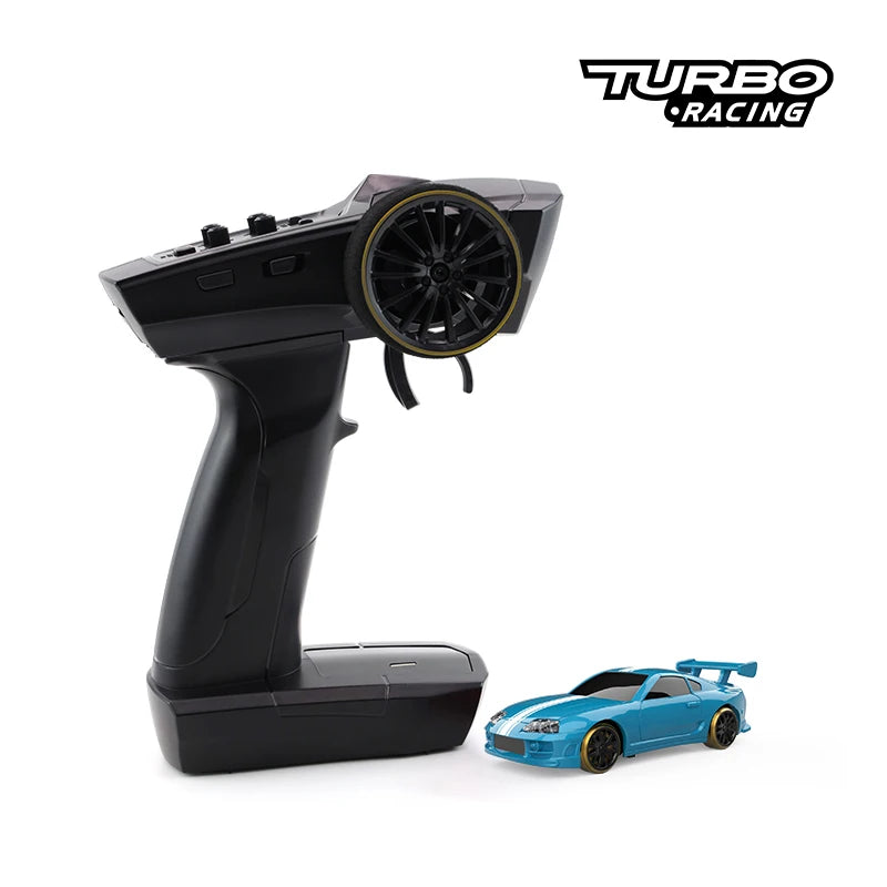 Black remote control with a blue toy car on a white background, featuring 'Turbo Racing' branding.