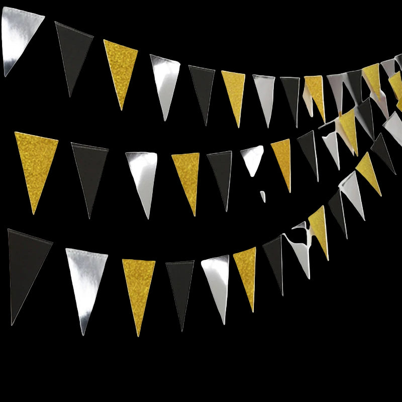 Triangular banner flags in black, gold, and silver on a white background