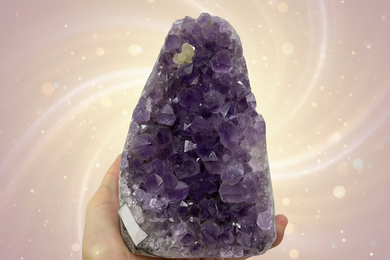 Amethyst crystal cluster held by a hand against a white background