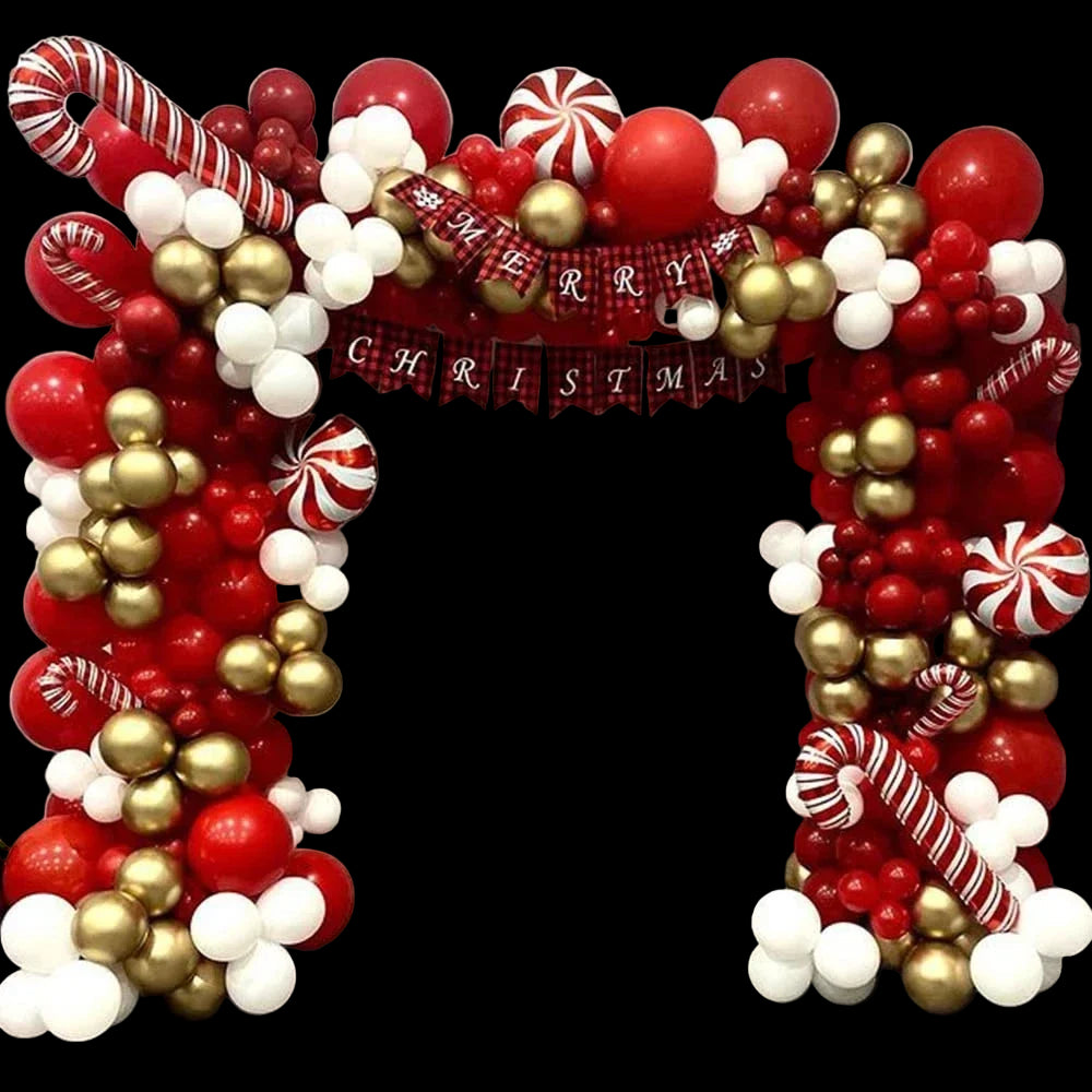 Decorative balloon arch with red, gold, and white balloons, candy canes, and a 'Merry Christmas' banner.
