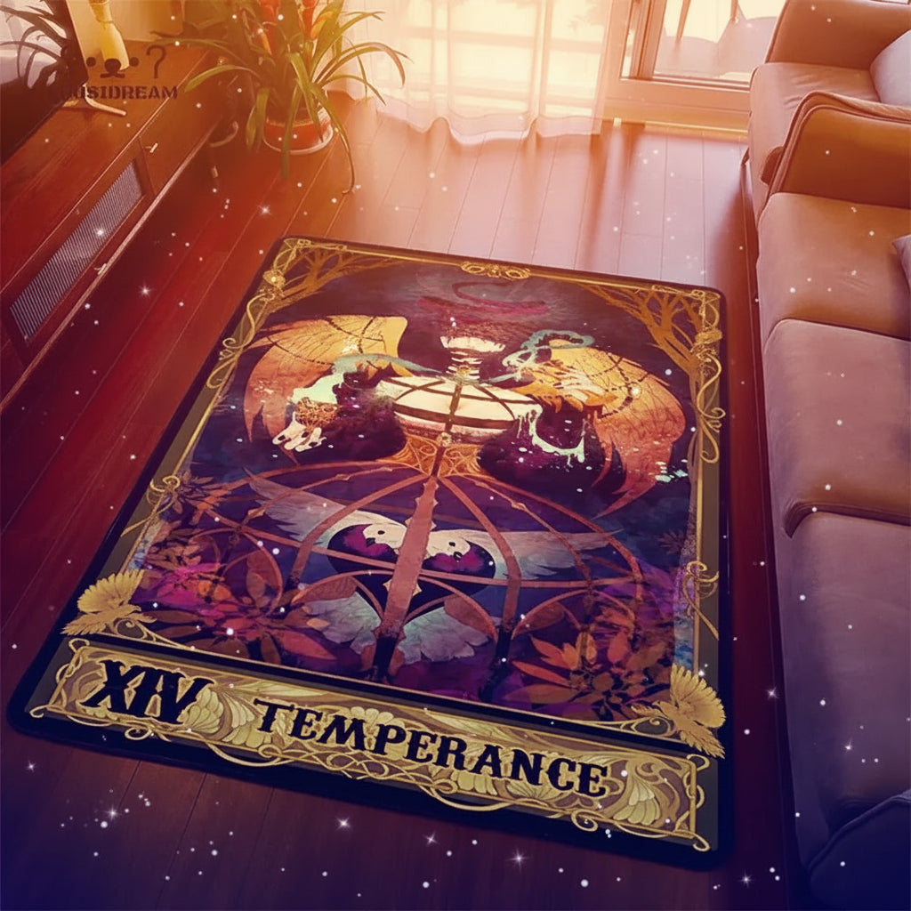 Decorative rug with 'Temperance' design in a living room setting