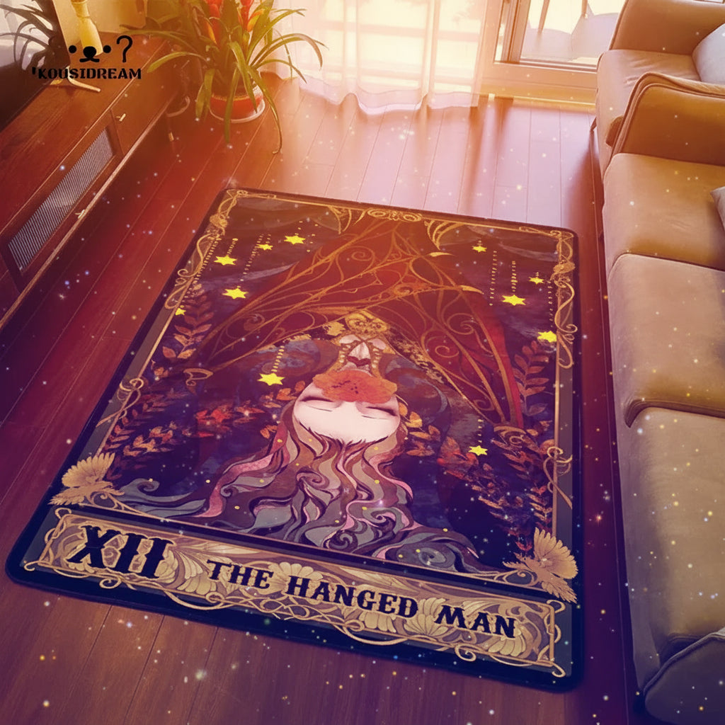 Decorative rug with 'The Hanged Man' tarot card design on a wooden floor.