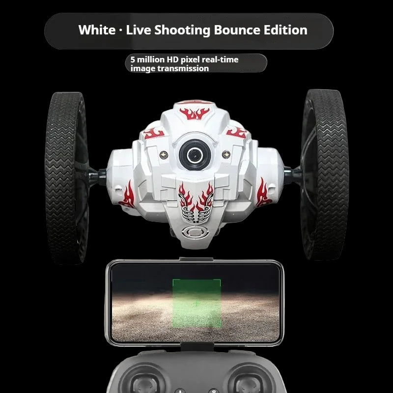 White remote-controlled car with camera and smartphone display on a gray background