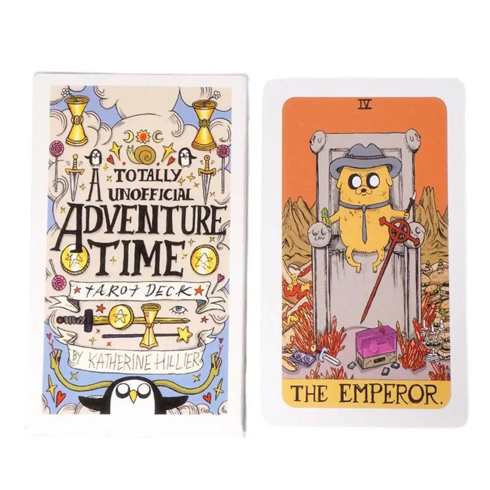 Two tarot cards from 'Adventure Time' with colorful designs and text.