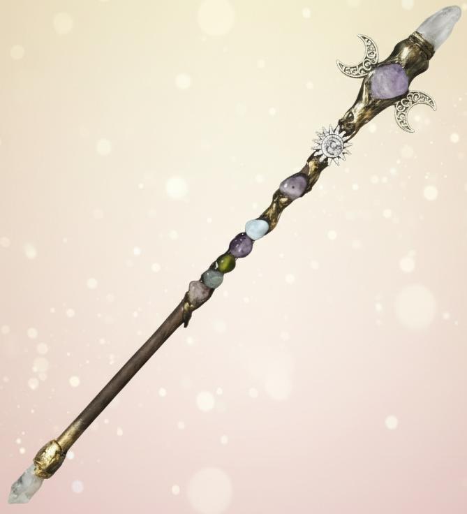 Decorative hair stick with crystals and gold elements on a textured fabric background