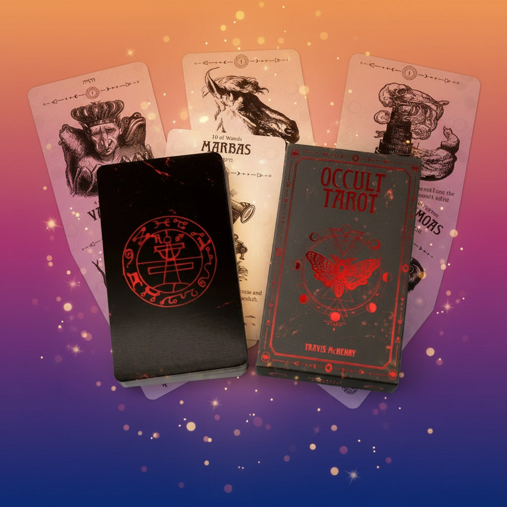 Two occult tarot books with red symbols on a white background