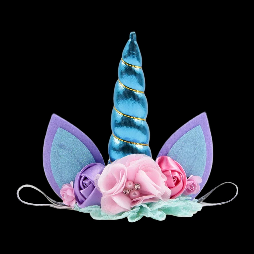 Unicorn horn and ears headband with flowers on a white background