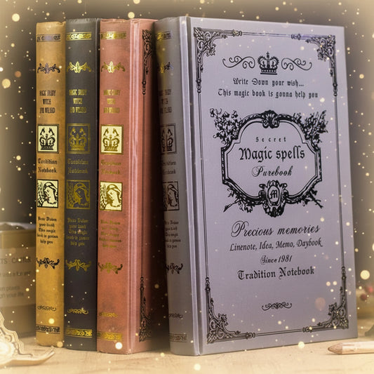 Set of retro notebook journals with decorative covers on a dark background