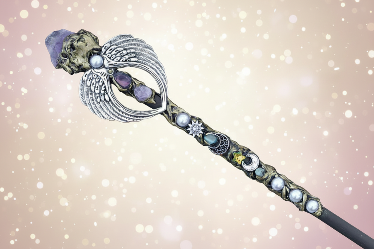 Decorative wand with gemstones on a blue and gold background, featuring weight and length information.