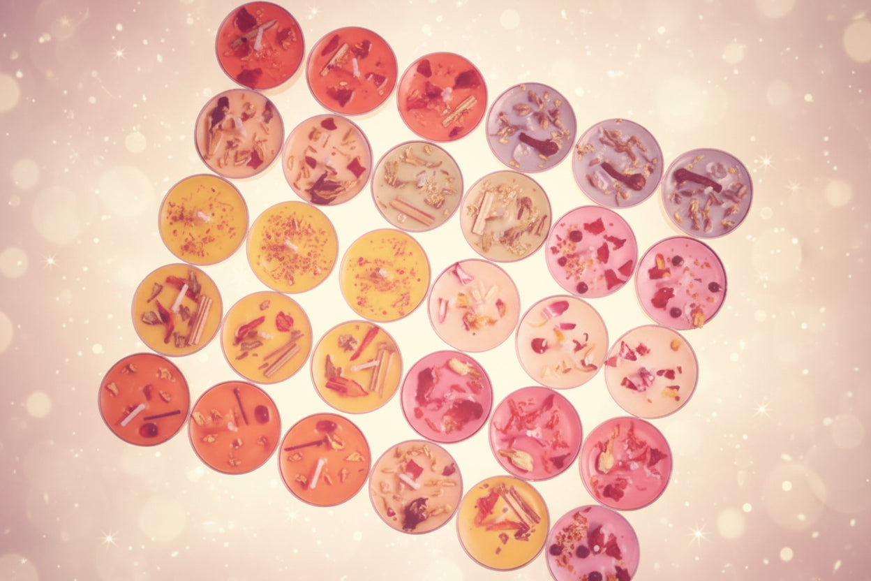 Assorted small candles in various colors on a wooden surface with Christmas decorations.