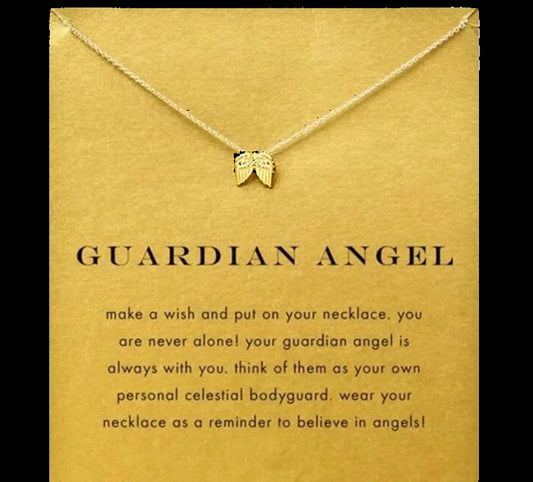 Gold necklace with leaf pendant on a yellow card with text