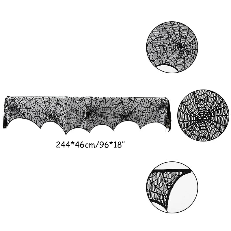 Black lace spiderweb design on a white background with measurements.