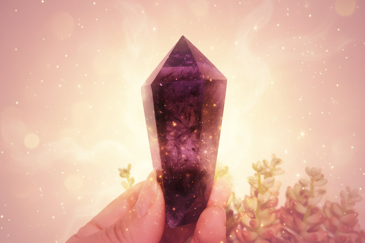 Amethyst crystal held in a hand with a light green background