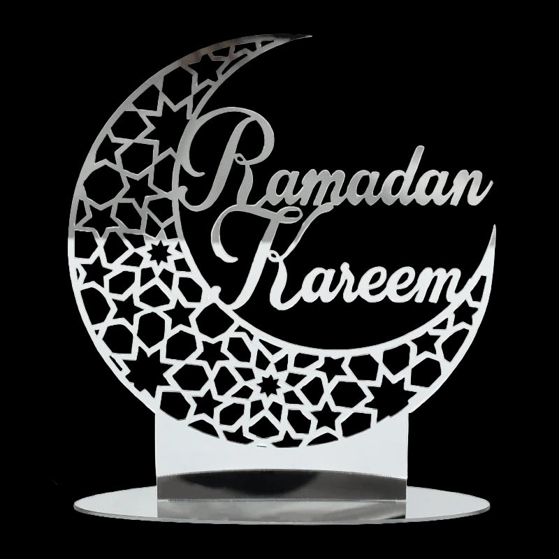 Decorative metal sign with 'Ramadan Kareem' on a crescent moon design, featuring dimensions.