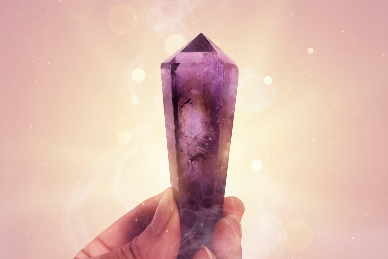 Amethyst crystal held in hand with green plants in the background