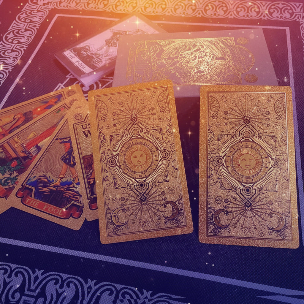 Gold tarot cards on a blue and white patterned cloth