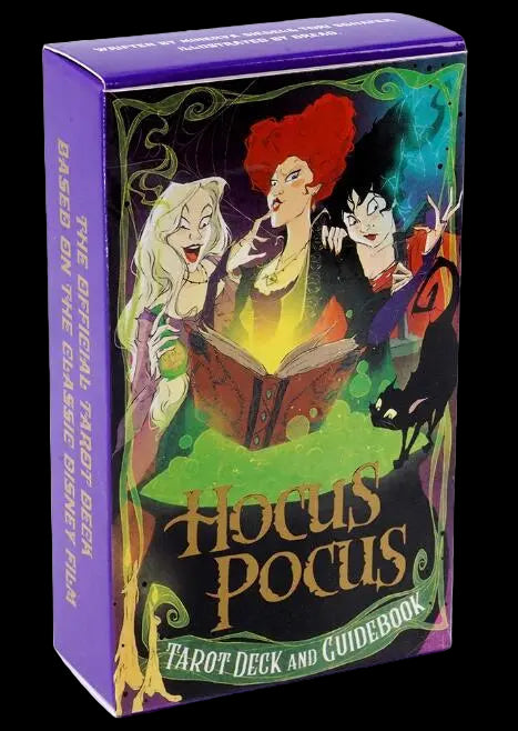 Hocus Pocus Tarot Deck and Guidebook packaging with three witch characters on a colorful background.