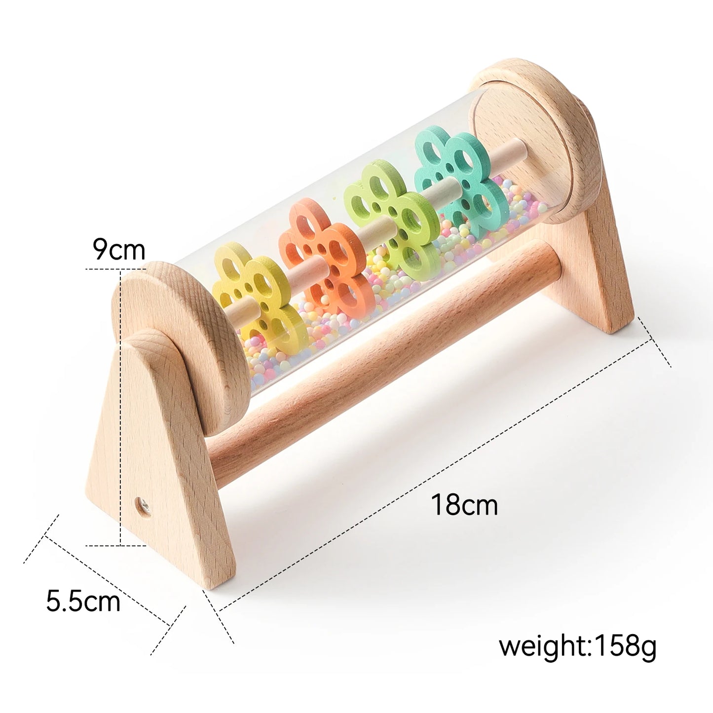 Wooden toy with colorful beads and dimensions on a white background