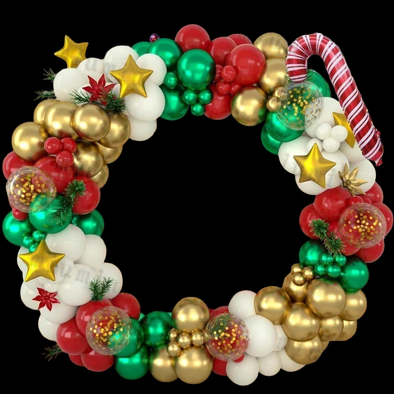 Decorative Christmas balloon arch in front of a fireplace with stockings and festive decorations.
