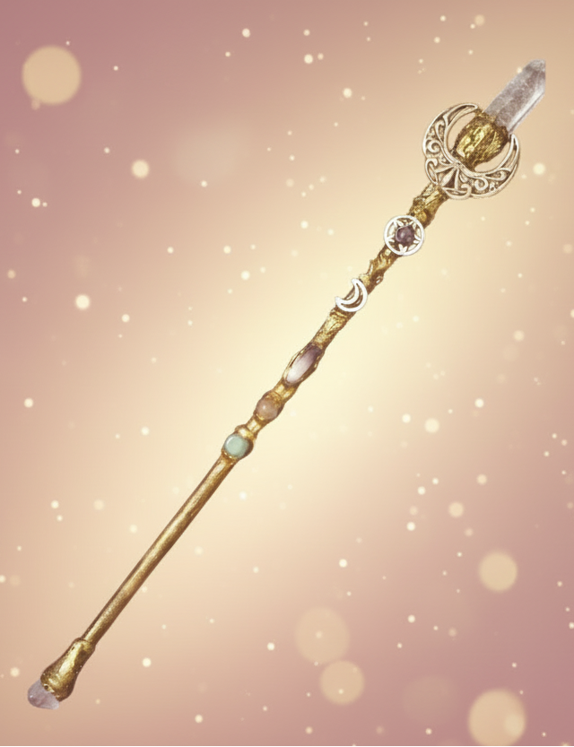 Decorative wand with crystals on a textured gray fabric background