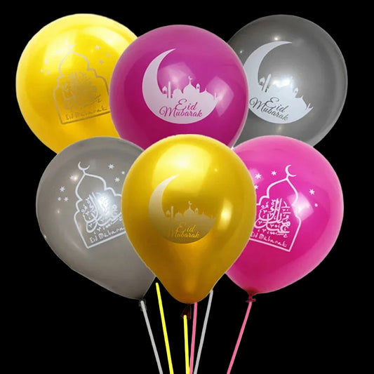 Colorful balloons with Eid Mubarak designs on a white background
