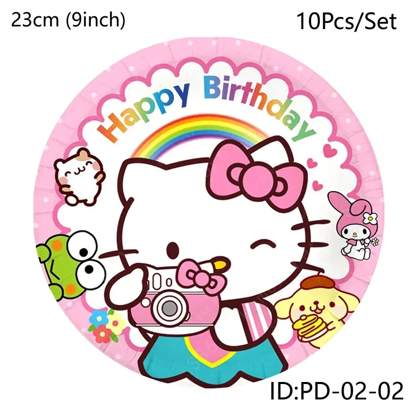 Circular birthday paper plate with cartoon character holding a camera, surrounded by small characters and 'Happy Birthday' text.