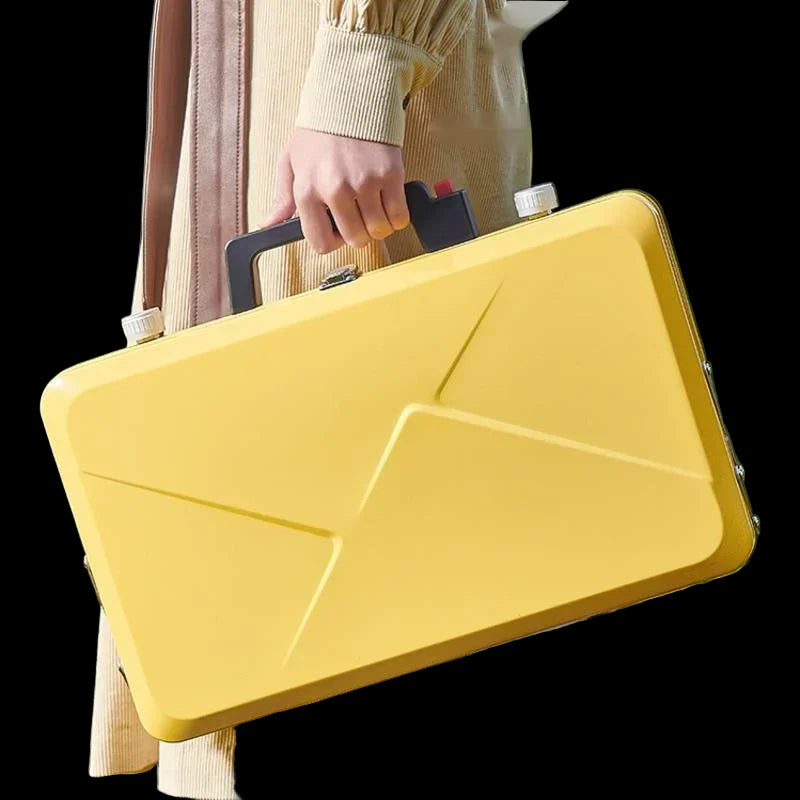 Person holding a yellow suitcase outdoors with a blurred natural background