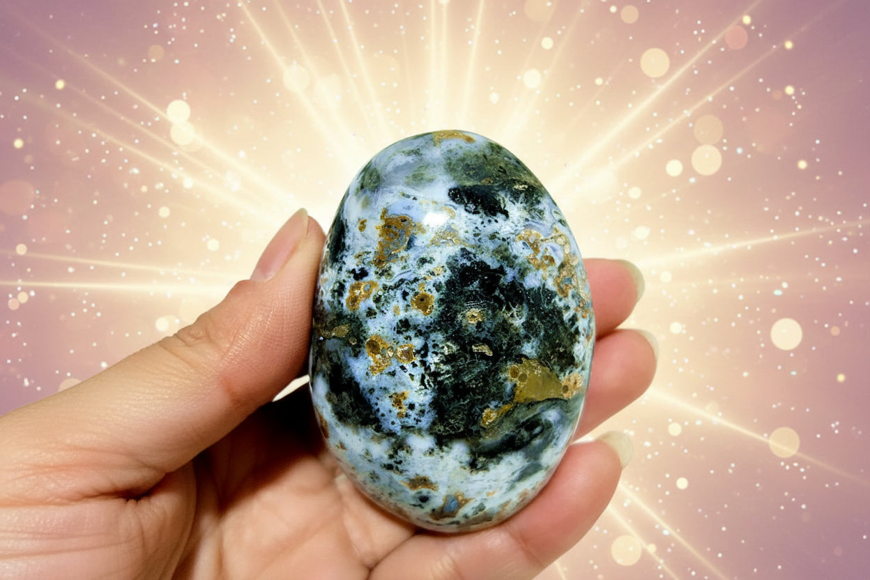 Hand holding a large, textured stone with blue, green, and gold colors against a blurred natural background.
