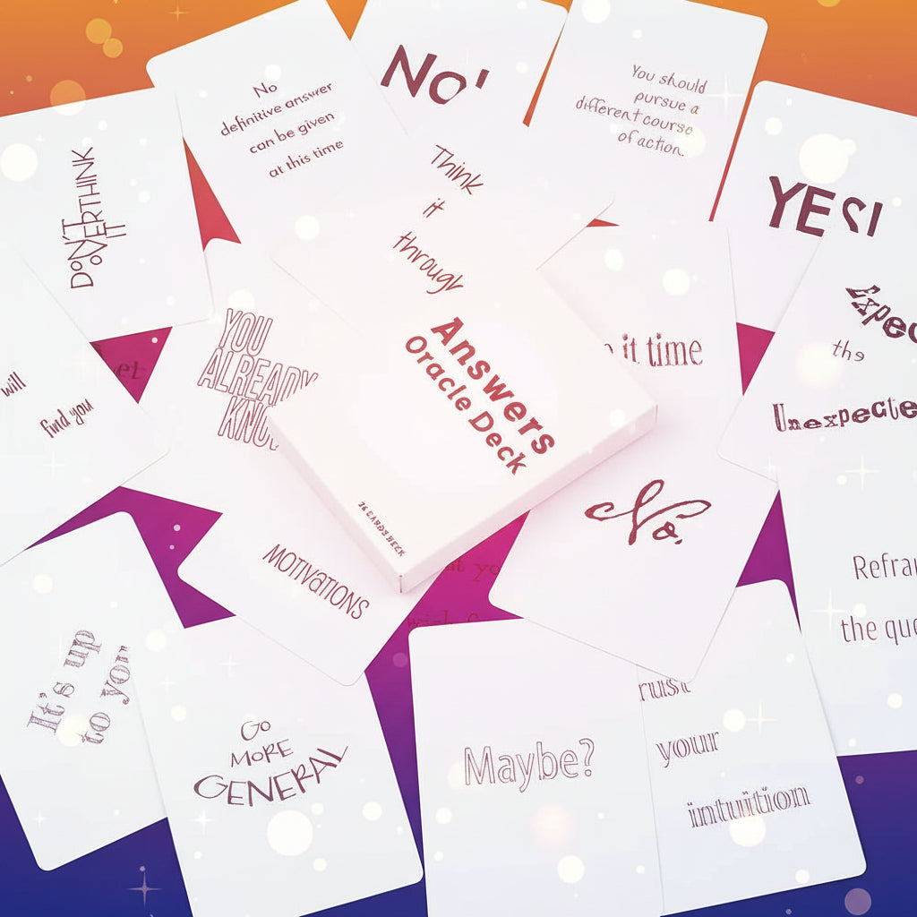 Set of oracle cards with various phrases on a white background