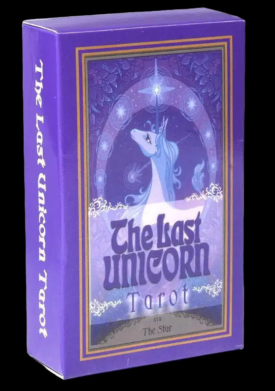 Purple packaging of 'The Last Unicorn Tarot' with a unicorn illustration on a white background