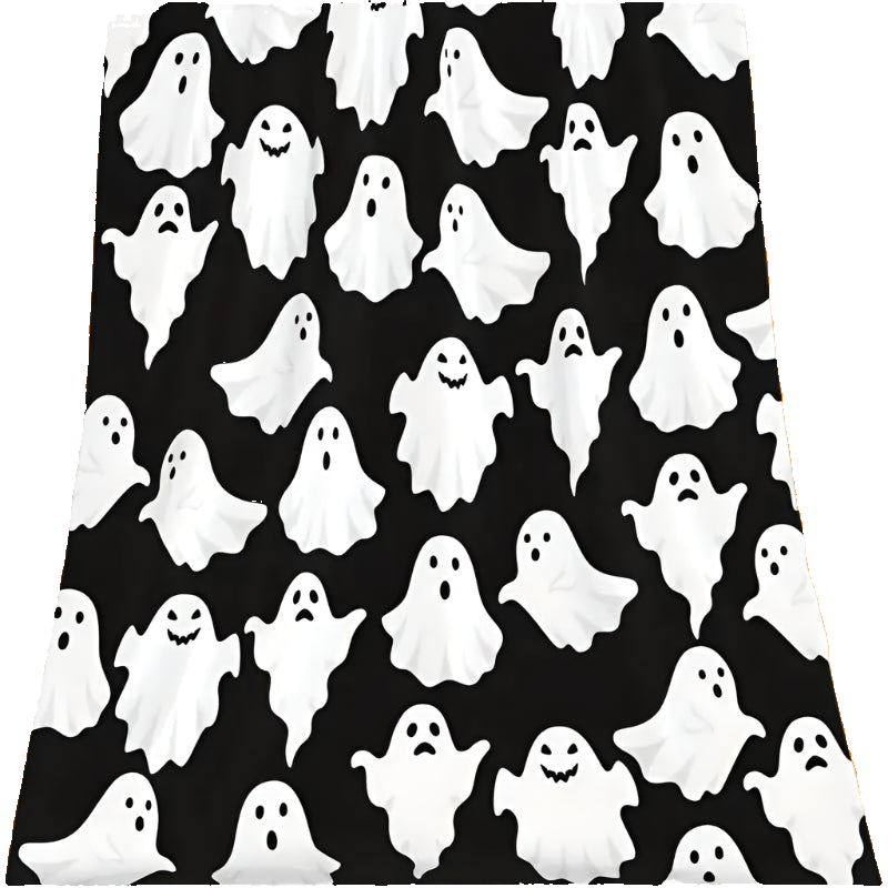 Black fabric with a pattern of white ghosts on a white background