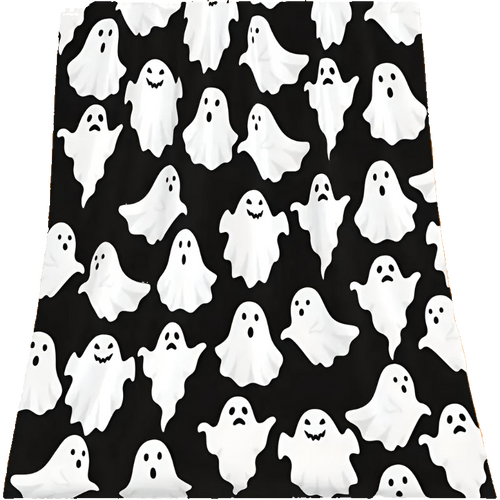 Black fabric with a pattern of white ghosts on a white background