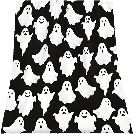 Black fabric with a pattern of white ghosts on a white background