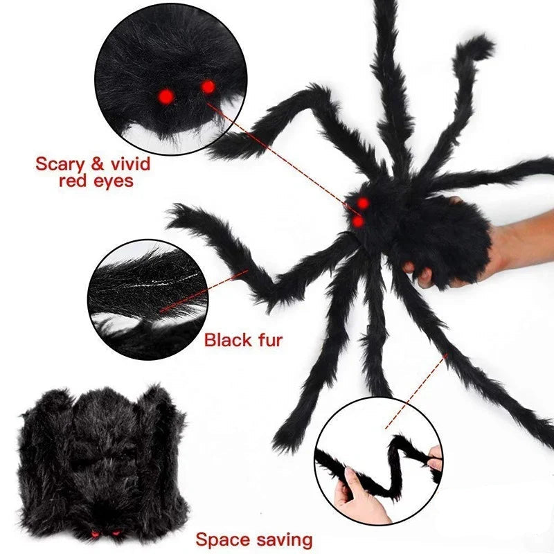 Black spider toy with red eyes, black fur, and bendable legs on a white background.