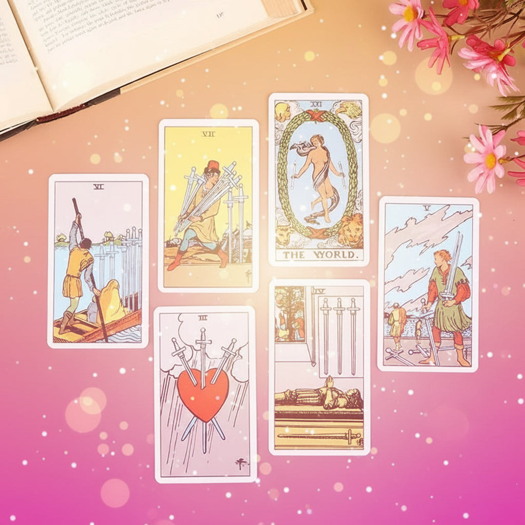 Collection of tarot cards on a light surface with flowers and an open book.