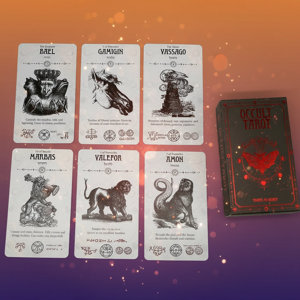 Set of tarot cards with illustrations and text, next to a box labeled 'Occult Tarot'.