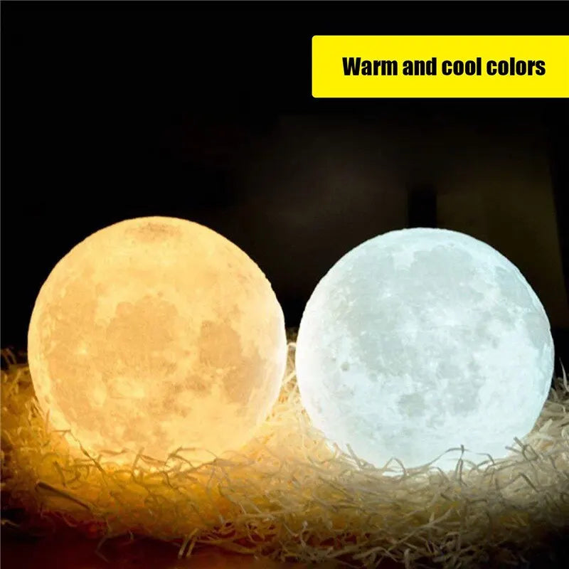 Two moon-shaped lamps, one warm and one cool, on a dark background with 'Warm and cool colors' text.