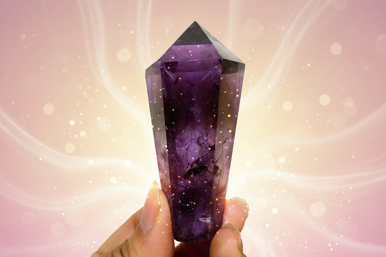 Amethyst crystal held in a hand with a white background