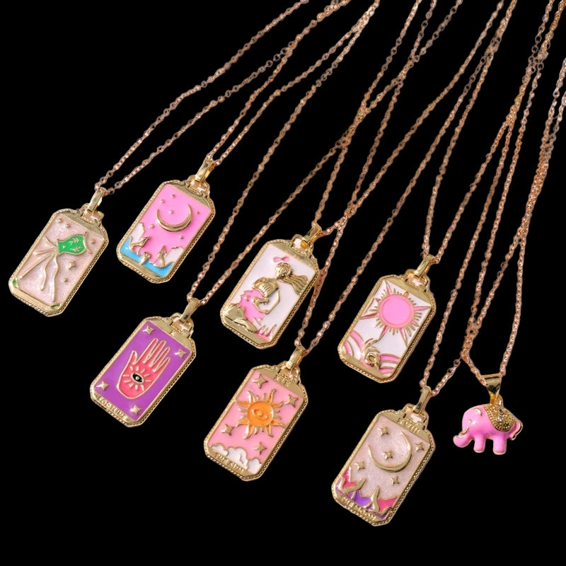 Set of necklaces with colorful pendant designs on a white background
