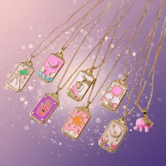 Set of necklaces with colorful pendant designs on a white background