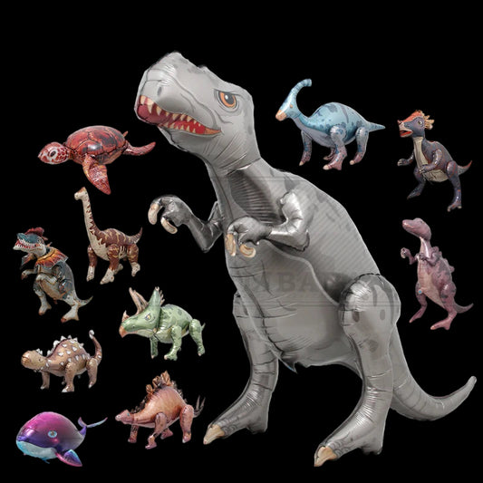 Inflatable dinosaur model with various smaller dinosaur figures and Reians logo.