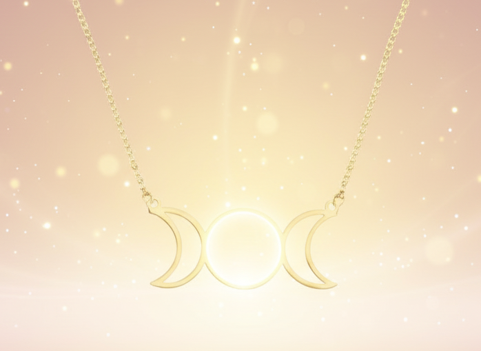 Gold necklace with a triple moon symbol on a white background