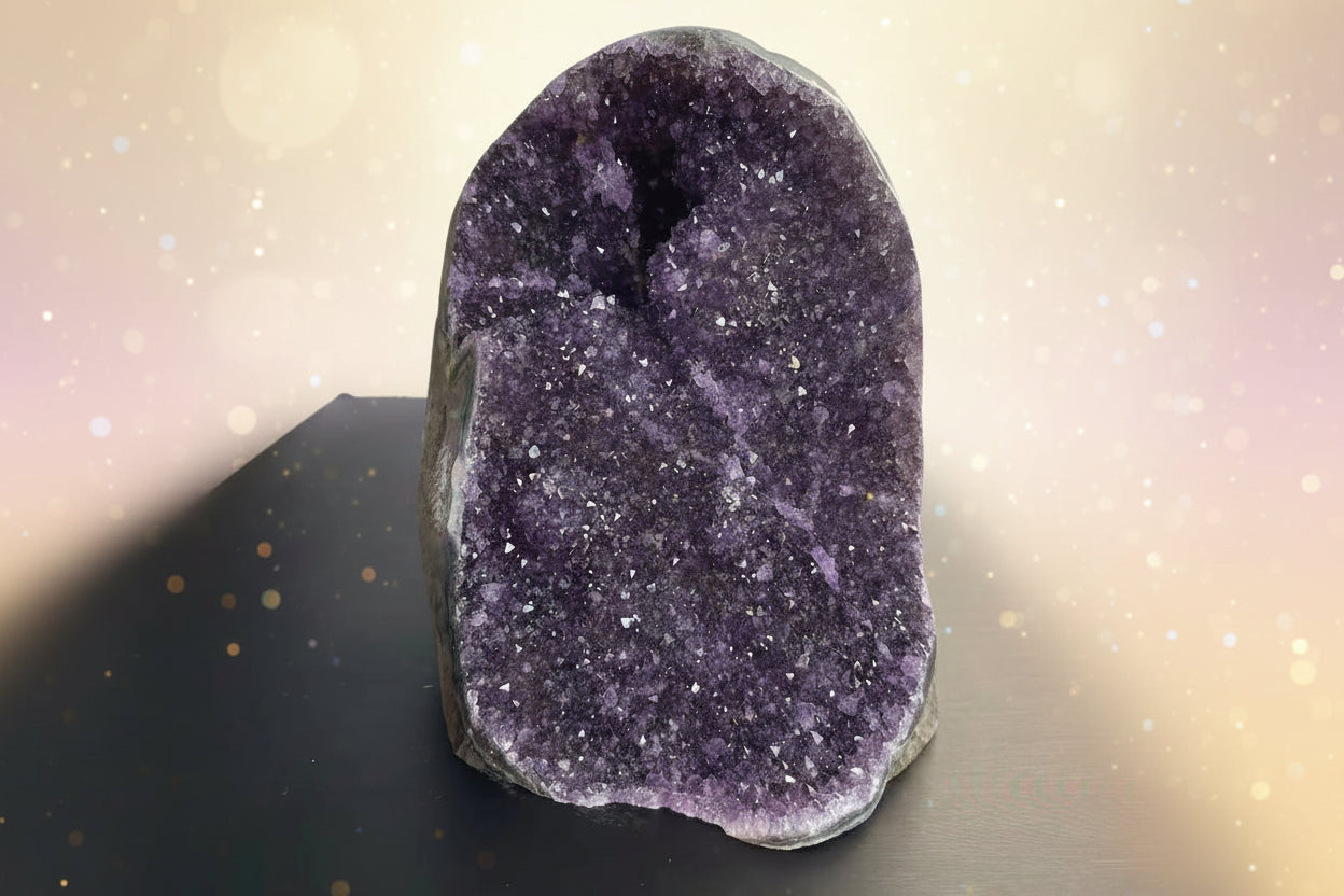 Amethyst crystal on a dark surface with a blurred background