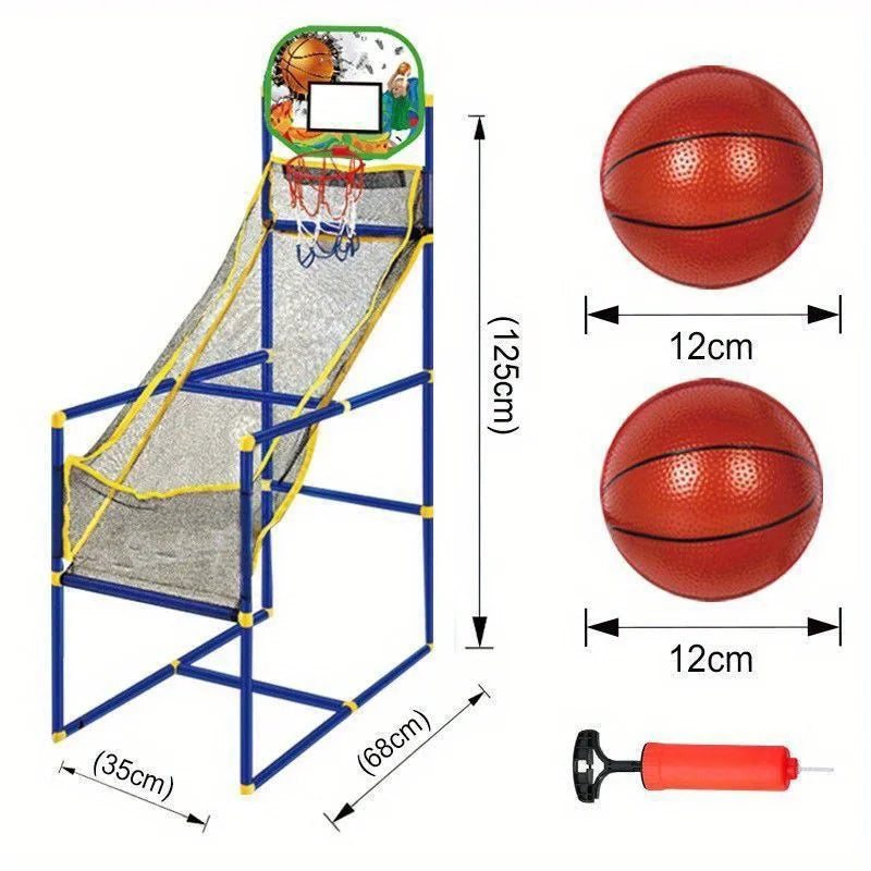 Children's basketball hoop set with two basketballs and a pump, featuring measurements on a white background.