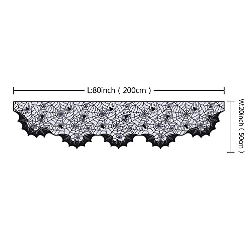 Black lace spiderweb tablecloth with measurements on a white background